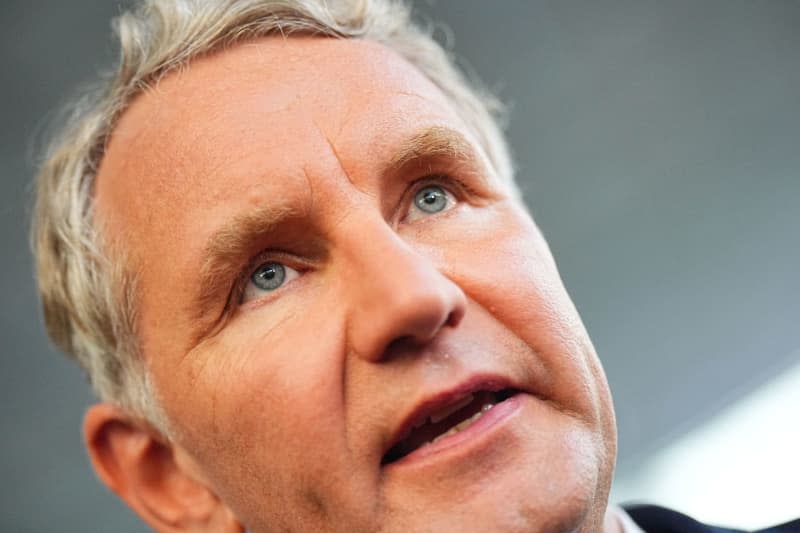 Bjoern Hoecke, lead candidate of the Alternative for Germany (AfD) in Thuringia, speaks after the first forecast results for the state election in Thuringia. Michael Kappeler/dpa