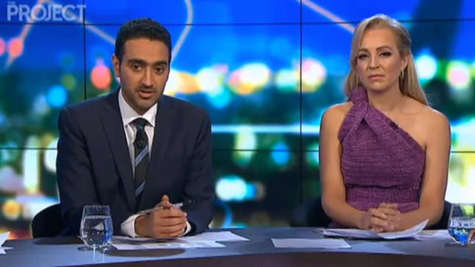 A screenshot of The Project hosts Waleed Aly and Carrie Bickmore.