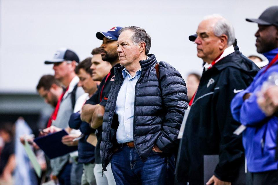 New England head coach Bill Belichick and NFL scouts during Georgia's Pro Day in the Payne Indoor Athletic Facility in Athens, Ga., on Wednesday, March 16, 2022. (Photo by Tony Walsh)