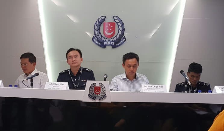 SPF officers at the annual crime brief (from left to right): Director of Commercial Affairs Department, David Chew; Director of Public Affairs Department, Wilson Lim; SPF Deputy Commissioner Tan Chye Hee; and SPF Deputy Director of Operations, Jarrod Pereira. (Yahoo Singapore photo: Safhras Khan)