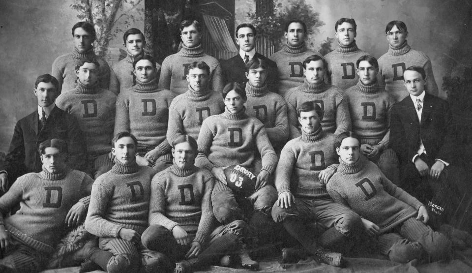 A photo of the Drury football team from 1903. The university played its last football game in 1932 but the campus still offers a wide range of extracurricular activities for students.
