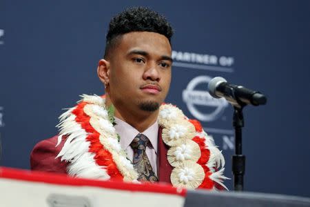 Dec 8, 2018; New York, NY, USA; Heisman Trophy finalist Alabama Crimson Tide quarterback Tua Tagovailoa answers questions during a press conference at the New York Marriott Marquis before the Heisman Trophy announcement ceremony. Mandatory Credit: Brad Penner-USA TODAY Sports