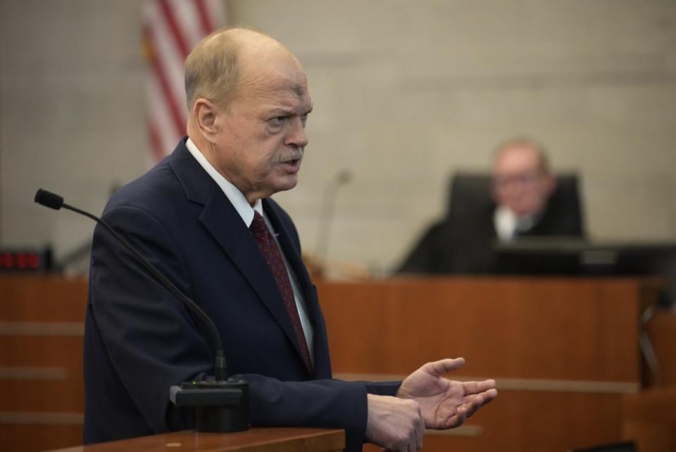 Special prosecutor Tim Merkle gives his closing argument on Feb. 14, 2024, in the trial of former Franklin County Sheriff's deputy Jason Meade, who is charged in county Common Pleas Court with murder and reckless homicide in connection with the Dec. 4, 2020, shooting death of 23-year-old Casey Goodson Jr.