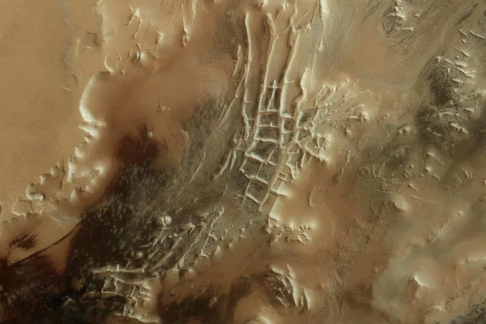 Las “arañas de Marte” en las afueras de un área apodada “Ciudad Inca” en la región polar sur del planeta rojo. Imagen: ESA/DLR/FU Berlin