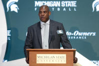 Mel Tucker, Michigan State's new football coach, speaks duirng a news conference Wednesday, Feb. 12, 2020, in East Lansing, Mich. (AP Photo/Al Goldis)