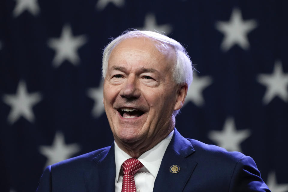 FILE - Republican presidential candidate former Arkansas Gov. Asa Hutchinson speaks at the Republican Party of Iowa's 2023 Lincoln Dinner in Des Moines, Iowa, Friday, July 28, 2023. (AP Photo/Charlie Neibergall, File)