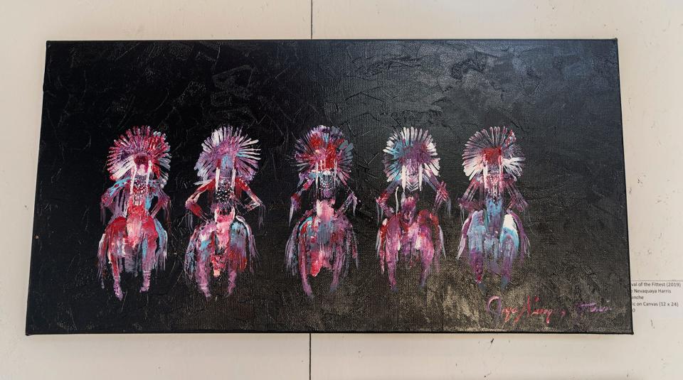 "Survival of the Fittest" by Joyce Nevaquaya Harris at WYLD Gallery in Austin. One of her other works,  “Peace of Mind," is hanging in the D.C. office of Deb Haaland, the secretary of the interior and the first Native American cabinet secretary.