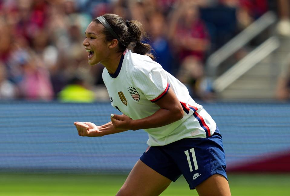 Sophia Smith celebrates after scoring a goal against Nigeria in September. She leads a young cohort of stars making their World Cup debuts this year for the USWNT.