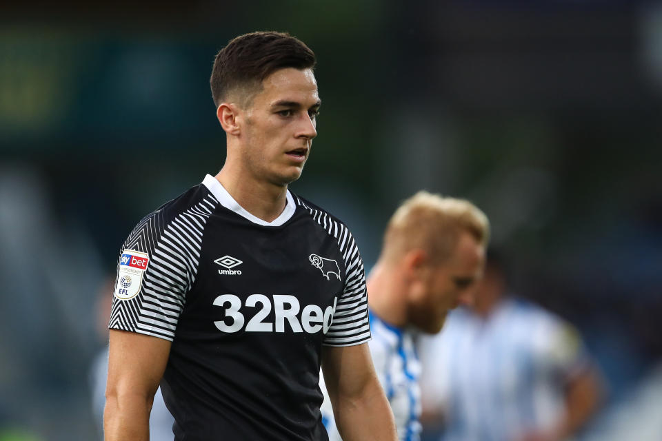 HUDDERSFIELD, ENGLAND - AUGUST 05: Tom Lawrence of Derby County during the Sky Bet Championship match between Huddersfield Town and Derby County at John Smith's Stadium on August 5, 2019 in Huddersfield, England. (Photo by Robbie Jay Barratt - AMA/Getty Images)