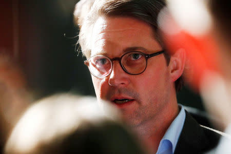 Andreas Scheuer, secretary general of the Christian Social Union (CSU) party, speaks to journalists in front of German Parliamentary Society during exploratory talks about forming a new coalition government in Berlin, Germany, early November 17, 2017. REUTERS/Hannibal Hanschke