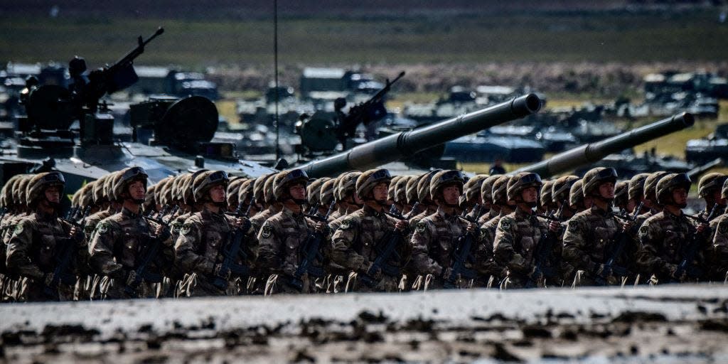 Chinese troops parade at the end of the day of the Vostok-2018 (East-2018) military drills at Tsugol training ground not far from the borders with China and Mongolia in Siberia, on September 13, 2018