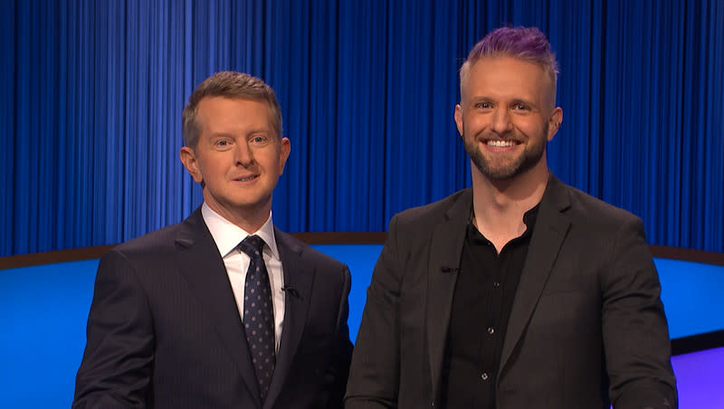 “Jeopardy!” host Ken Jennings, right, and Jordan Davis, a “Jeopardy!” contestant from Draper, Utah. 