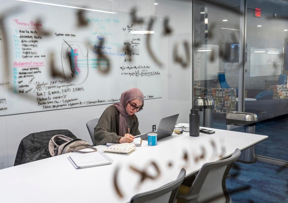 U-M Flint student Hana Zineddin works in a study room in the new section of the Murchie Science Building at the university's campus in downtown Flint on Wednesday, Feb. 1, 2023.