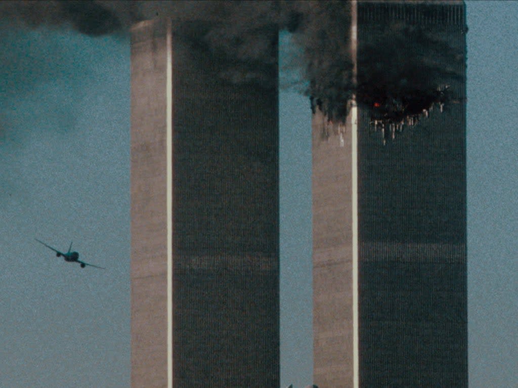 A shot of the second hijacked airplane just seconds before it struck the South Tower in the 9/11 terror attacks (Courtesy of NETFLIX /©NETFLIX 2021)