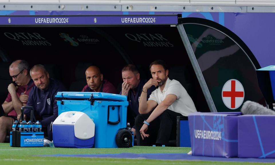 <span>Gareth Southgate looks on as <a class="link " href="https://sports.yahoo.com/soccer/teams/england-women/" data-i13n="sec:content-canvas;subsec:anchor_text;elm:context_link" data-ylk="slk:England;sec:content-canvas;subsec:anchor_text;elm:context_link;itc:0">England</a> labour against <a class="link " href="https://sports.yahoo.com/soccer/teams/denmark-women/" data-i13n="sec:content-canvas;subsec:anchor_text;elm:context_link" data-ylk="slk:Denmark;sec:content-canvas;subsec:anchor_text;elm:context_link;itc:0">Denmark</a> in Frankfurt.</span><span>Photograph: Tom Jenkins/The Guardian</span>