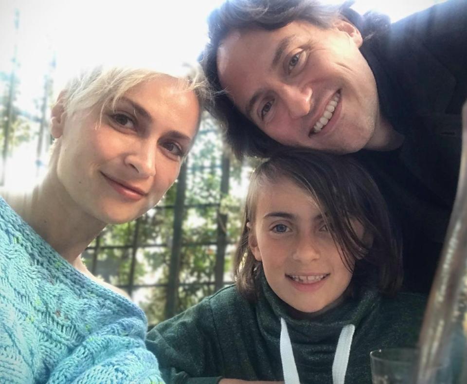 Halyna Hutchins, left, with her son Andros and husband Matthew. Matthew Hutchins is now a producer on the film "Rust," which resumed shooting after Hutchins was killed when a prop gun held by Alec Baldwin discharged.