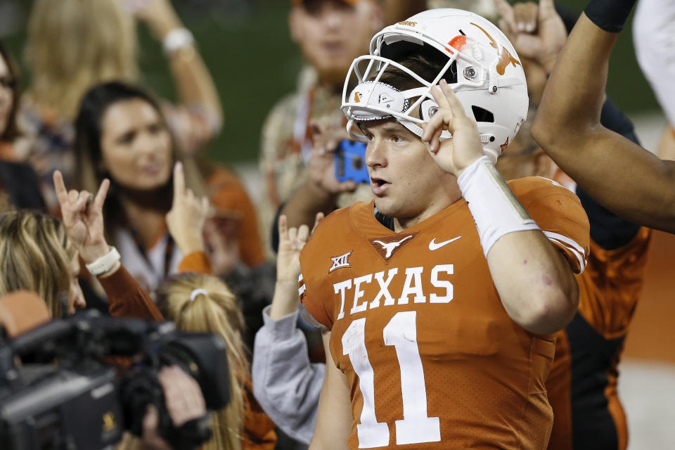 AUSTIN, TX - NOVEMBER 17:  Sam Ehlinger #11 of the Texas Longhorns celebrates after the game against the Iowa State Cyclones at Darrell K Royal-Texas Memorial Stadium on November 17, 2018 in Austin, Texas.  (Photo by Tim Warner/Getty Images)