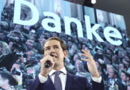 Former Austrian chancellor and top candidate of the Austrian People's Party, OEVP, Sebastian Kurz talks to his supporters in Vienna, Austria, Sunday, Sept. 29, 2019. (AP Photo/Matthias Schrader)