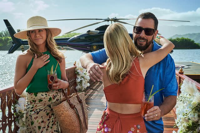 Scott Yamano/Netflix Murder Mystery 2. (L to R) Jennifer Aniston as Audrey Spitz, Melanie Laurent as Claudette Joubert and Adam Sandler as Nick Spitz in Murder Mystery 2. Cr. Scott Yamano/Netflix Â© 2023.