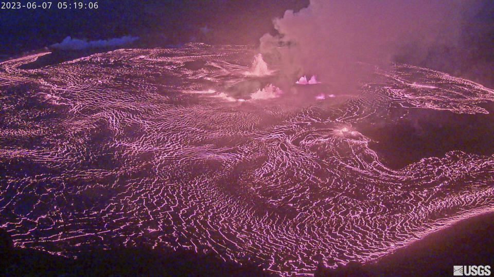 In this webcam image provided by the U.S. Geological Survey, an eruption takes place on the summit of the Kilauea volcano in Hawaii, Wednesday June 7, 2023. Kilauea, the second largest volcano in Hawaii, began erupting Wednesday morning, officials with the U.S. Geological Survey said in a statement. Kilauea, one of the world's most active volcanoes, erupted from Sept. 2021 to Dec 2022. A 2018 Kilauea eruption destroyed more than 700 residences. (U.S. Geological Survey via AP)