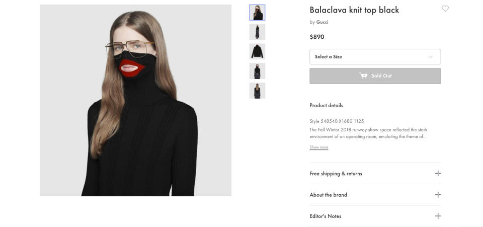 A screenshot taken on Thursday Feb.7, 2019 from an online fashion outlet showing a Gucci turtleneck black wool balaclava sweater for sale, that they recently pulled from its online and physical stores. Gucci has apologized for the wool sweater that resembled a "blackface" and said the item had been removed from its online and physical stores, the latest case of an Italian fashion house having to apologize for cultural or racial insensitivity. (AP Photo)