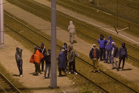 Migrants walk on the railway tracks of the freight shuttle leading to the entrance of the Channel Tunnel in Calais, France, October 14, 2015. REUTERS/Philippe Wojazer