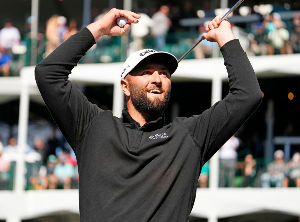 Feb 10, 2023; Scottsdale, AZ, USA; Jon Rahm reacts as the gallery roars after making his birdie putt on the 16th hole during round two at TPC Scottsdale. Mandatory Credit: Rob Schumacher-Arizona Republic