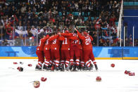 <p>Gold medal winners Olympic Athletes from Russia celebrate after defeating Germany 4-3 in overtime during the Men’s Gold Medal Game on day sixteen of the PyeongChang 2018 Winter Olympic Games at Gangneung Hockey Centre on February 25, 2018 in Gangneung, South Korea. (Photo by Jamie Squire/Getty Images) </p>