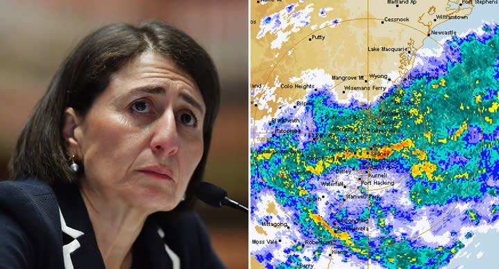 Gladys Berejiklin is pictured left and on the right is an image of the Bureau of Meteorology's rain radar.