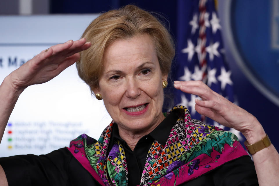 FILE - In this April 20, 2020, file photo, Dr. Deborah Birx, White House coronavirus response coordinator, speaks about the coronavirus in the James Brady Press Briefing Room of the White House in Washington. Birx was brought into President Donald Trump’s orbit to help fight the coronavirus, she had a sterling reputation as a globally recognized AIDS researcher and a rare Obama administration holdover. Less than 10 months later, her reputation is frayed and her future in President-elect Joe Biden's administration uncertain. (AP Photo/Alex Brandon, File)