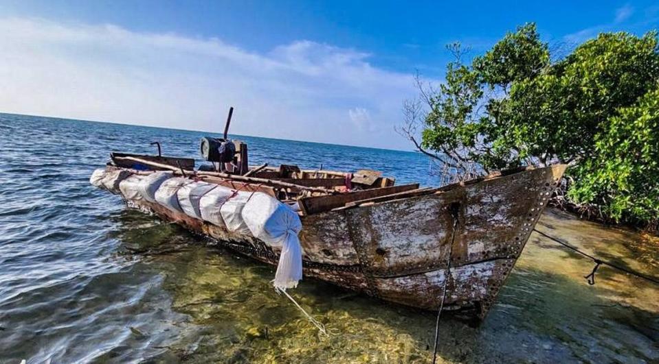 On Oct.. 7, 2021, 13 Cuban migrants made landfall on this homemade wooden vessel on Big Pine Key, U.S. Border Patrol said.