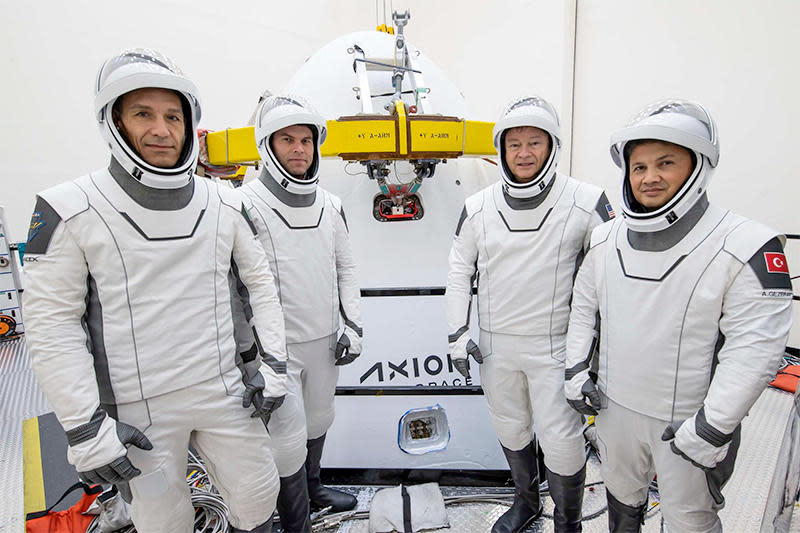 The Ax-3 crew poses for photos during training at SpaceX's Hawthorne, California, headquarters. Left to right: Walter Villadei of Italy, Marcus Wandt, a Swedish European Space Agency astronaut, retired NASA astronaut Michael López-Alegría and Alper Gezeravci of Turkey.  / Credit: Axiom Space