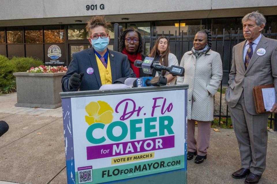 Camp Resolution co-founder Joyce Williams speaks Monday at a press conference with Sacramento mayor candidate Flojaune Cofer and civil rights attorney Mark Marin as they disputed the claims of Sacramento District Attorney Thien Ho’s homeless lawsuit against the city of Sacramento.