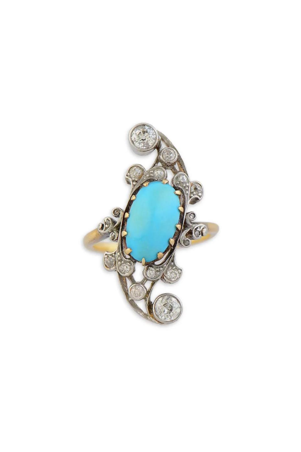 10) Art Nouveau Turquoise & Diamond Scroll Ring