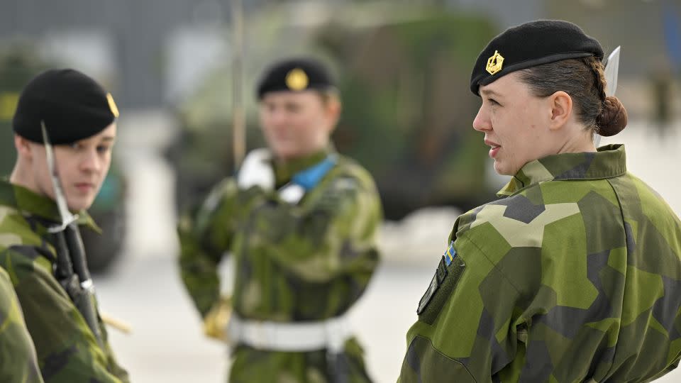 Soldiers on the parade ground at the base of the Swedish Army's Gotland Regiment near Visby, Sweden, on March 25, 2022. - Mikael Sjoberg/Bloomberg/Getty Images