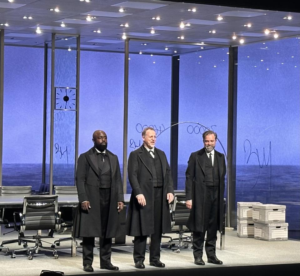 Michael Balogun,Nigel Lindsay and Hadley Fraser take their bows in The Lehman Trilogy.