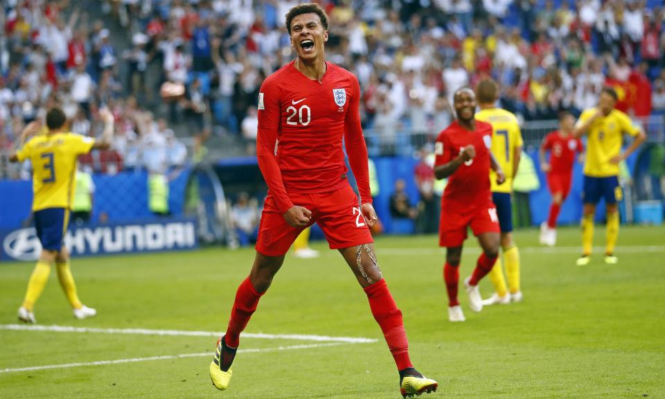 Dele Alli can’t hide his delight after scoring to put England 2-0 ahead in their quarter-final against Sweden. It was his first goal for his country since October 2016.