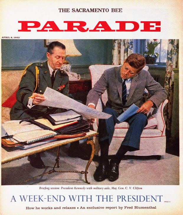 <p>On the April 8, 1962 cover of <em>Parade</em>, in an exclusive report by Fred Blumenthal, the writer shows readers what former president Kennedy does on his weekends.</p>