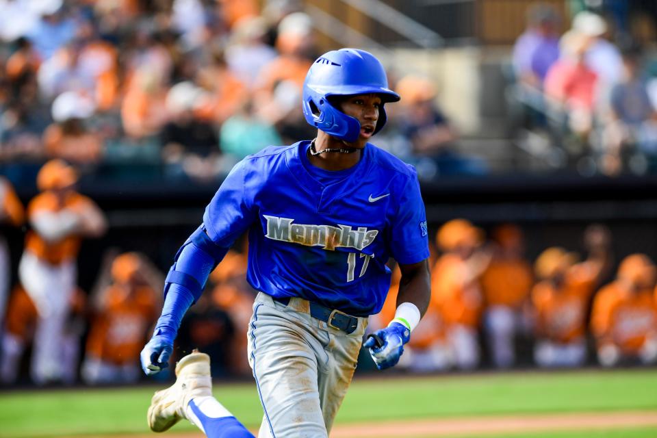 Memphis’ Cameron Benson (17) runs towards first base during the game between University of Memphis and Tennessee on Sunday, November 6, 2022, at The Ballpark at Jackson in Jackson, Tenn. The teams played an 18-inning game as the last official game of the fall season. Tennessee outscored Memphis 22-4. 