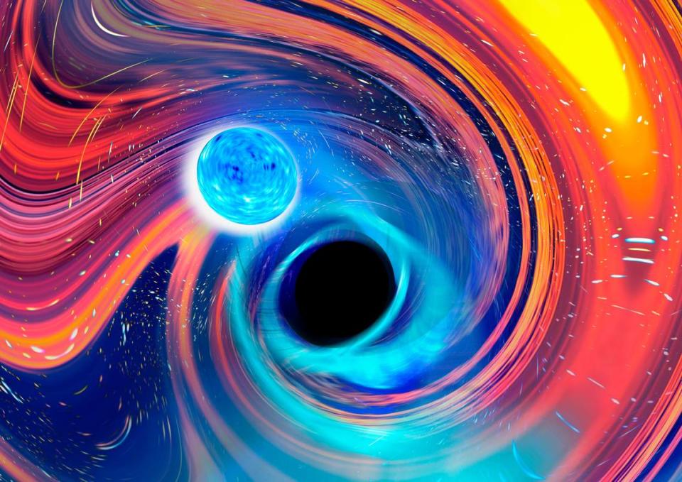 This illustration provided by Carl Knox depicts a black hole, center, swallowing a neutron star, upper left. The blue lines are gravitational waves, ripples in time and space, which is how astronomers detected the merger, and orange and red areas indicate parts of the neutron star being stripped away.