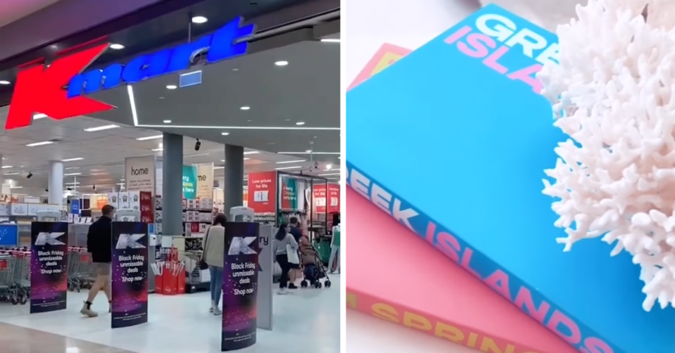 A Kmart store (left) and the coffee table books stacked up (right). 