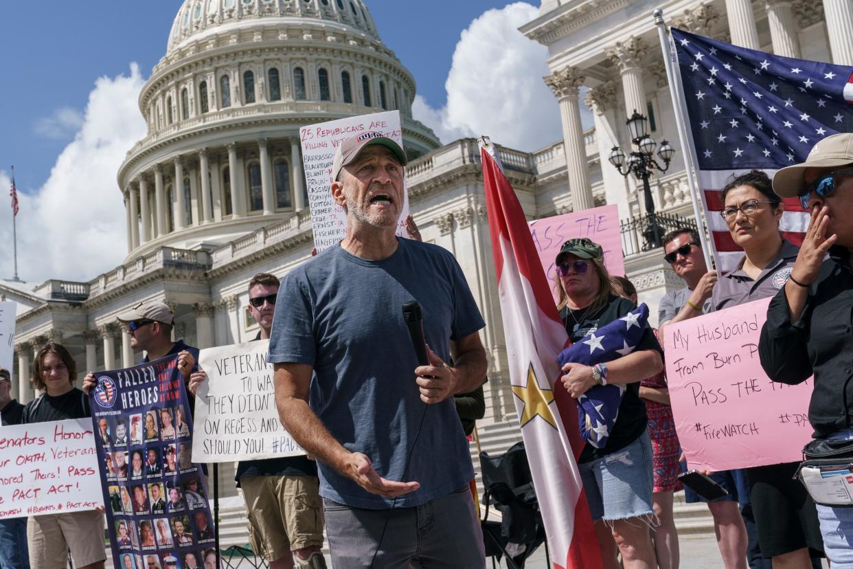 Jon Stewart joins veterans, military family members and advocates at the Capitol on Aug. 1, 2022, calling for senators to vote for a bill designed to help millions of veterans exposed to toxic substances during their military service.