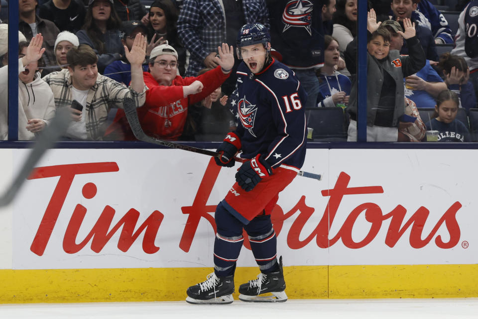 Columbus Blue Jackets' Brendan Gaunce celebrates his goal against the Toronto Maple Leafs during the second period of an NHL hockey game Friday, Dec. 29, 2023, in Columbus, Ohio. (AP Photo/Jay LaPrete)