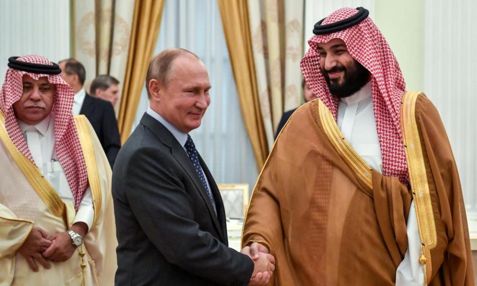 Russian president Vladimir Putin shakes hands with Saudi Crown Prince Mohammed bin Salman on Friday. The two nations played each other in the World Cup’s opening game.