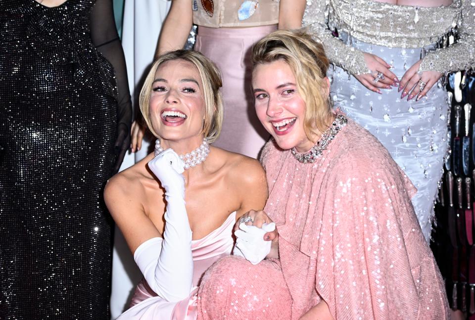 Margot Robbie, left, and Greta Gerwig at the "Barbie" premiere in London earlier this month.