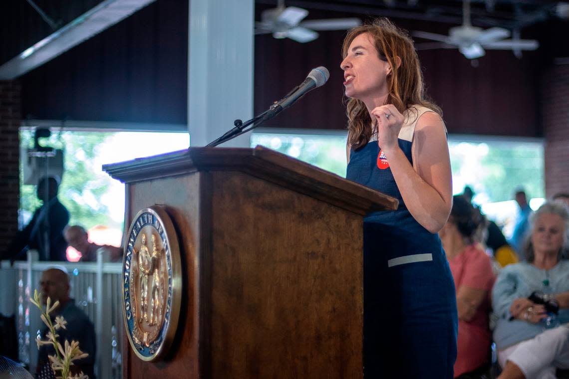 Allison Ball, Republican candidate for Kentucky state auditor, speaks during the Fancy Farm picnic in Fancy Farm, Ky., on Saturday, Aug. 5, 2023.