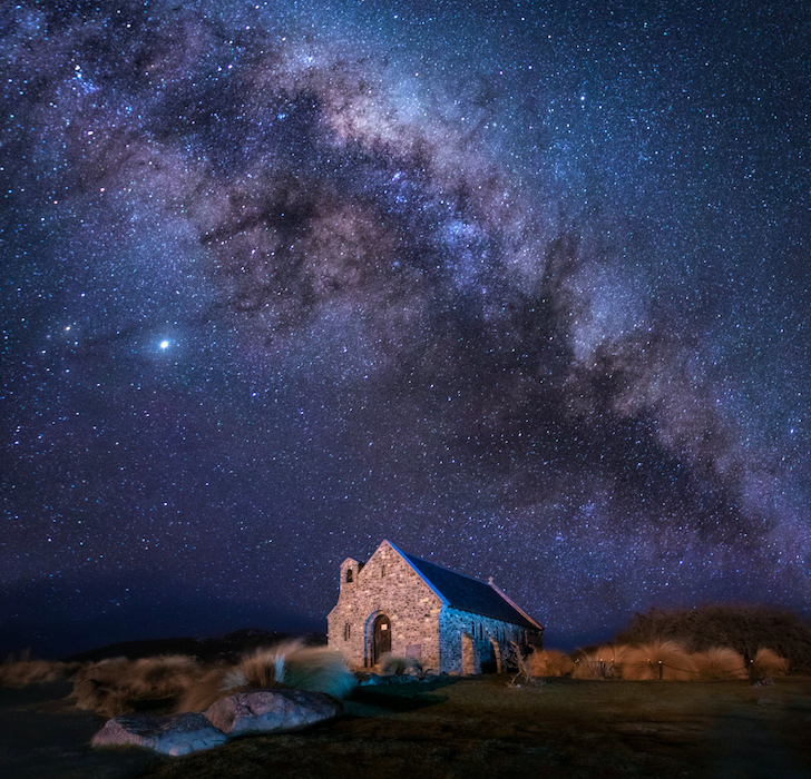 Elana Pakhalyuk took this stunning shot of the Church of the Good Shepherd in New Zealand in front of the dazzling night sky.