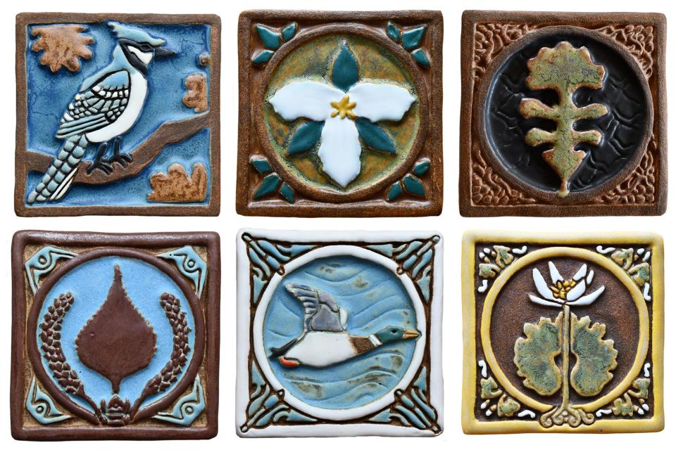 Shown are samples of handmade tiles created by Ben Tyjeski, inspired by the craft of the historic South Milwaukee ceramics manufacturer.