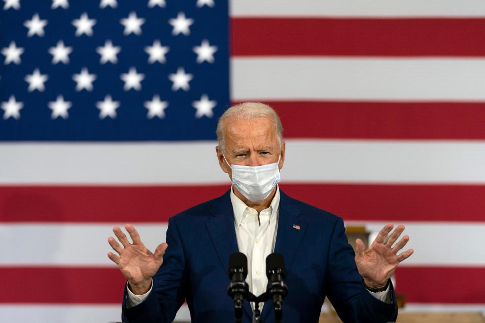 Democratic presidential nominee Joe Biden on Sept. 21, 2020, in Manitowoc, Wisconsin.