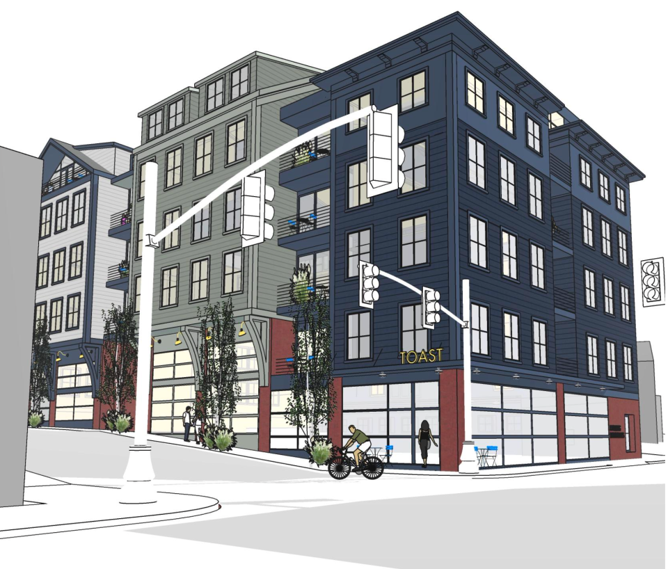 This rendering shows an updated design for 269 Wickenden Street, which complies with Providence City Plan Commission demands that the top floor be hidden from the intersection with Brook Street.